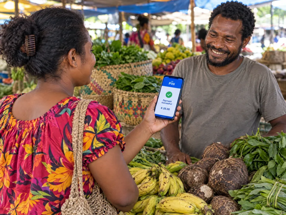 A shopper at a market stall showing a successful K 25.00 PIN payment to the smiling vendor
