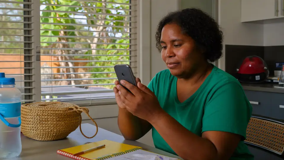 A woman at her kitchen table using the PIN app on her phone