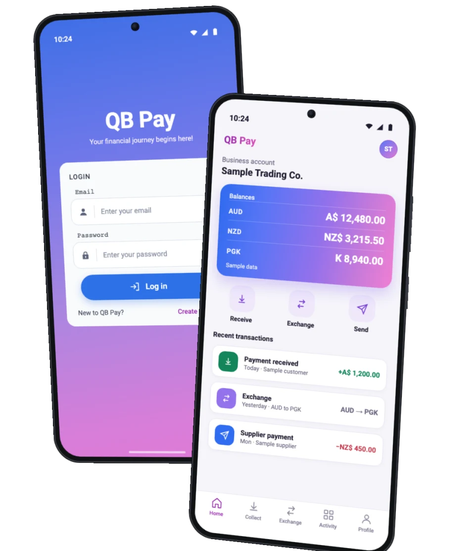 QB Pay login screen and business dashboard on two Android phones with sample data